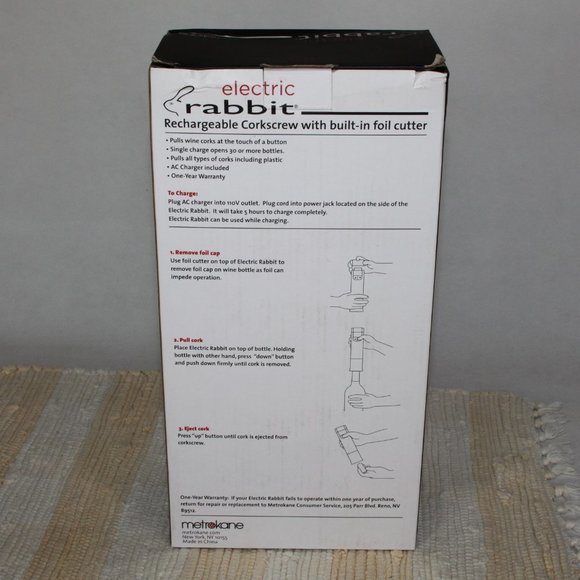 ELECTRIC RABBIT RECHARGEABLE CORKSCREW w/BUILT-IN FOIL CUTTER RED METROKANE - Picture 3 of 10